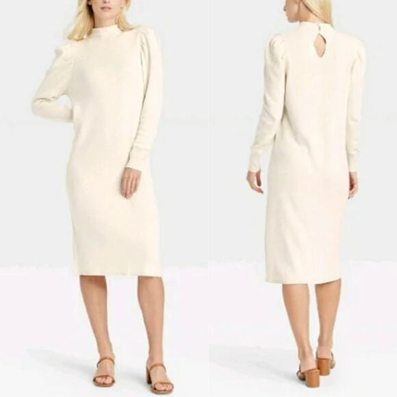 Who What Wear | NWT Birch Cream Mock Neck Puff Long Sleeve Midi Sweater Dress - Picture 2 of 9